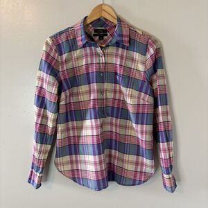 J. Crew Classic Womens Plaid Popover Top Long Sleeve Blue Pink Blouse Sz Small